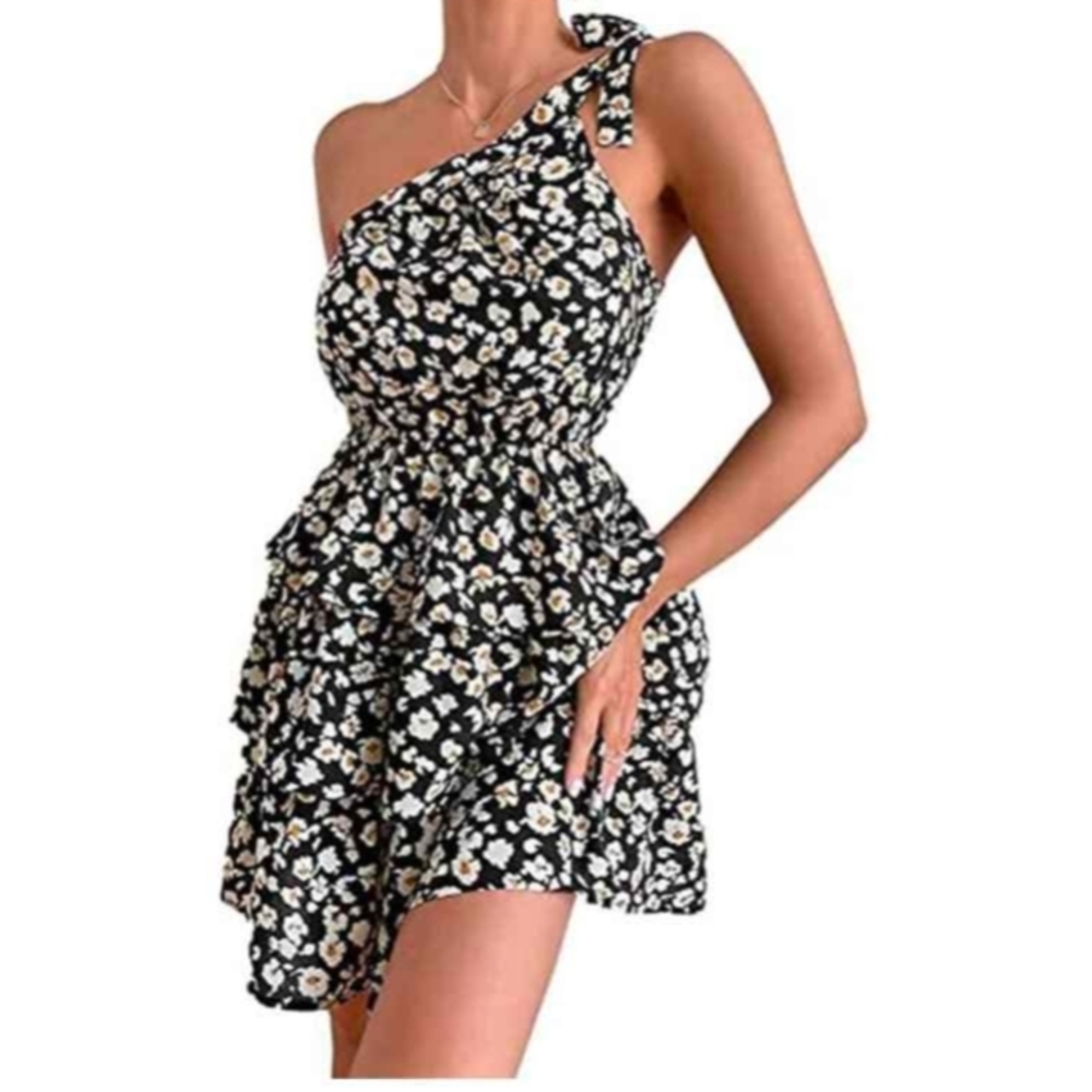 NWOT Floral One-Shoulder Ruffled Tiered Black Dress